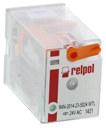 R4N-2014-23-5024-WTL Relpol 4PDT Plug In Non-Latching Relay, 24V ac Coil, 6 A