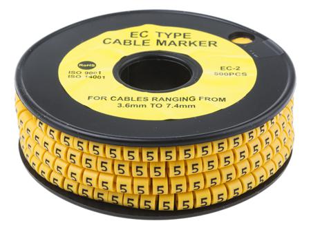812-0950 RS Pro Slide On Cable Marker, Pre-printed 5 Black on Yellow 3.6 → 7.4mm Dia. Range