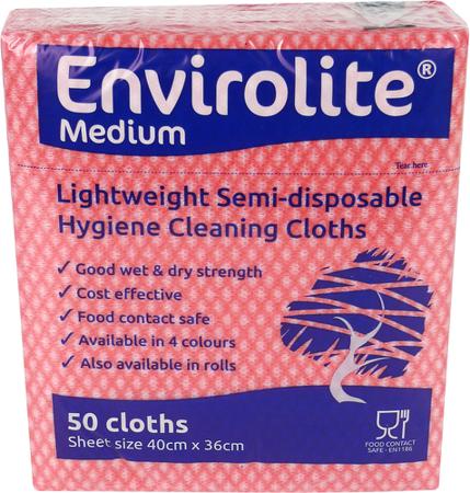 ELF500MR EcoTech Envirolite Red Polyester, Viscose Rayon Cloths for Cleaning, Wet & Dry Use, Roll of 500, 40 x 36cm, Single Use