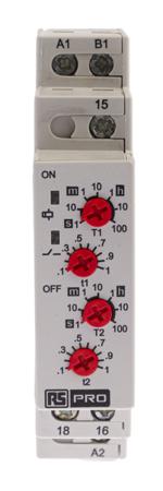 896-6826 RS PRO DIN Rail Mount Timer Relay, 12 → 240V ac/dc, 1-Contact, 0.1 s → 100h, SPDT