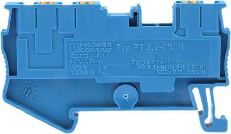 3209552 Phoenix Contact  PT 2.5-TWIN BU Series Blue, 0.14 → 4mm², Single-Level, Push In Termination, ATEX