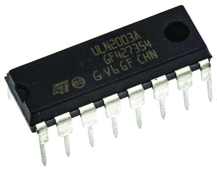 ULQ2003A STMicroelectronics , 7-element NPN Darlington Transistor, 500 mA 50 V HFE:1000 @ 350 mA @ 2 V, 16-Pin PDIP