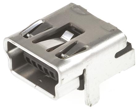 54819-0519 Molex On-The-Go Series Right Angle, Through Hole Mount Version 2.0 Type B Mini USB Connector Receptacle, 30 V, 1A