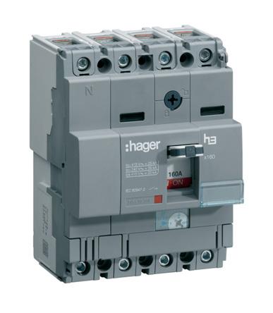 HHA161H Hager MCCB 4P 160A, Breaking Capacity 25 kA, DIN Rail Mount