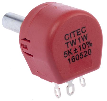 TW1502KA TE Connectivity TW Series Wirewound Potentiometer with a 6.35 mm Dia. Shaft, 5kΩ, ±10%, 1W, ±100ppm/°C, Panel Mount