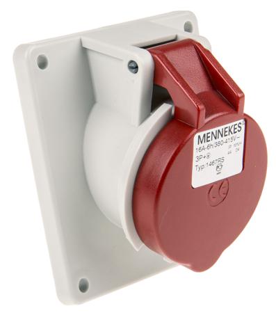 1467 Mennekes IP44 Red Panel Mount 4P 20 ° Industrial Power Socket, Rated At 16A, 400 V