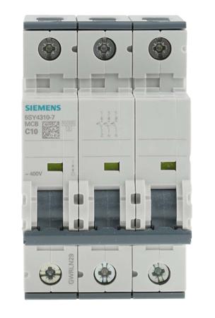 5SY4310-7 Siemens Sentron 5SY4 MCB, 3P, 10A Curve C, 400V AC, 10 kA Breaking Capacity