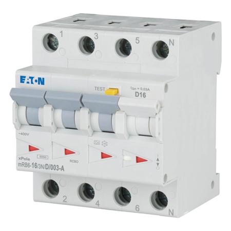 120672-mRB6-16-3N-D-003-A Eaton RCBO, 16A Current Rating, 3+N Poles, 30mA Trip Sensitivity, Type D, xPole Range