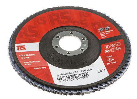 851-7672 RS Pro Zirconia Aluminium Coarse Flap Disc, P40 Grit, 13300rpm, 125mm x 22mm Bore