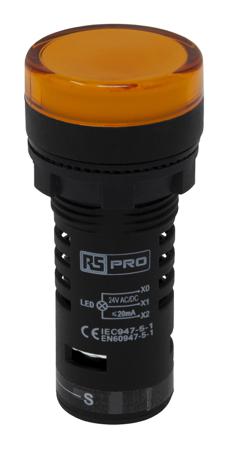 909-2547 RS PRO, Panel Mount Yellow LED Pilot Light, 22mm Cutout, IP65, Round, 24V ac/dc