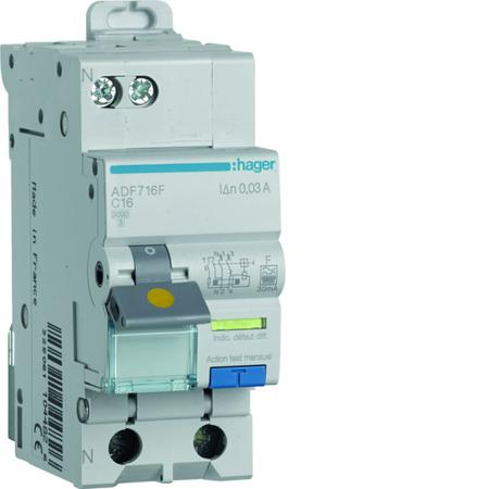 ADF716F Hager RCBO, 16A Current Rating, 1P+N Poles, 30mA Trip Sensitivity, Type F