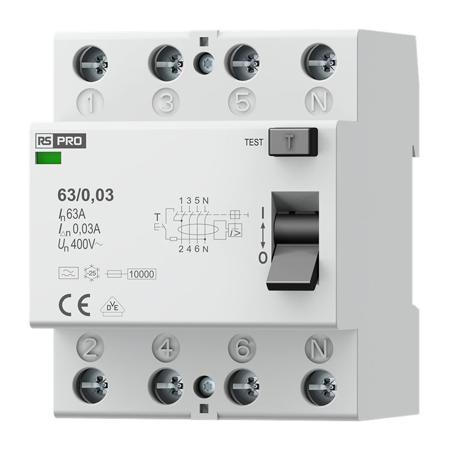 284-2375 RS PRO Residential RCCBs, 63A, 4 Pole, 30mA, Type A, 400V