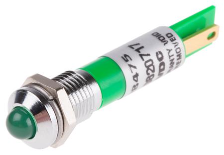 208-475 RS PRO Green Flashing LED Panel Mount Indicator, 12V dc, 8mm Mounting Hole Size, Solder Tab Termination