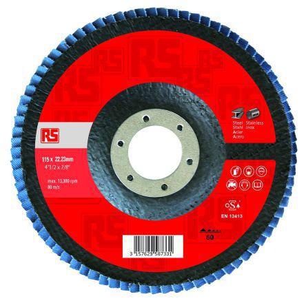 851-7676 RS Pro Zirconia Aluminium Medium Flap Disc, P60 Grit, 13300rpm, 125mm x 22mm Bore