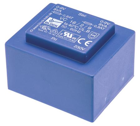 VC 16/2/9 Block 9V ac 2 Output Through Hole PCB Transformer, 16VA