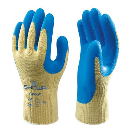 SHO3202 Showa GP-KV1 Blue, Yellow Kevlar Abrasion Resistant, Cut Resistant Work Gloves, Size Medium, Latex Coating
