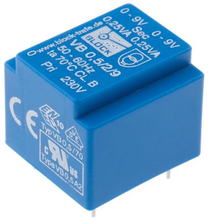 VB 0.5/2/9 Block 9V ac 2 Output Through Hole PCB Transformer, 0.5VA