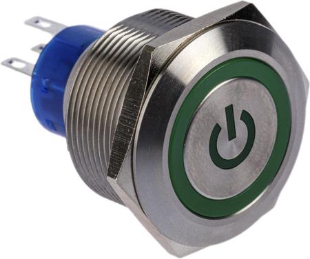 175-9047 Single Pole Double Throw (SPDT) Lock Push Button Switch, IP67, 25.2 Dia.mm, Panel Mount Green LED, Power Symbol