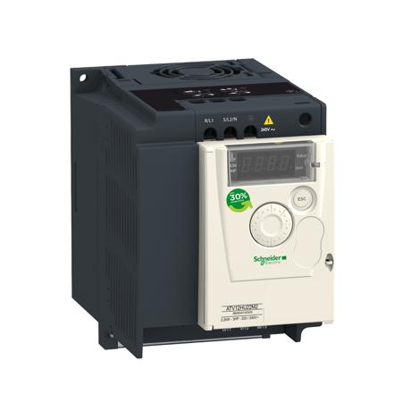 ATV12H075F1 Schneider Electric Inverter Drive, 0.75 kW, 1 Phase, 110 V ac, 15.7 Ac, 18.9 A, ATV 21 Series