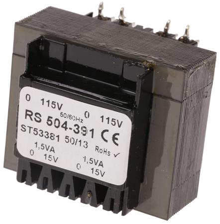 504-391 RS PRO 15V ac 2 Output Through Hole PCB Transformer, 3VA