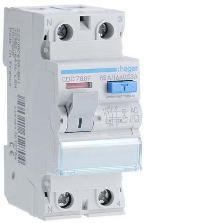 CDC768F Hager CDC RCD Switch, 63A, 2 Pole, 30mA, Type AC, 230V