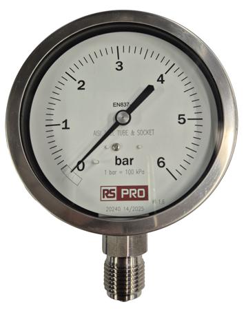 152-305 RS PRO BSP 1/2in Analogue Pressure Gauge 6bar Bottom Entry 100mm Outside Diameter
