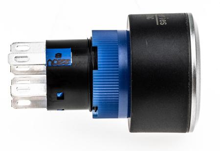 175-8394 2NO/2NC Momentary Push Button Switch, IP65, 22.2 Dia.mm, Panel Mount Blue LED, Power Symbol, 250V ac