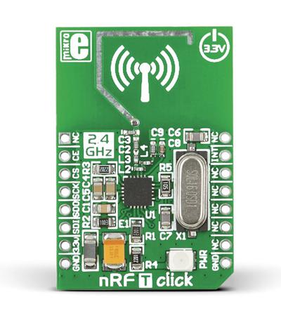 MIKROE-1305 MikroElektronika nRF T Click nRF24L01P RF Transceiver mikroBus Click Board for Active RFID, Game Controllers, Home &