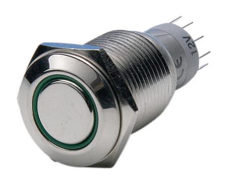 MP0045/1E2GN012 Bulgin MP0045 Series Illuminated Push Button Switch, Latching, Panel Mount, 16.2mm Cutout, DPDT, Green LED, 50V