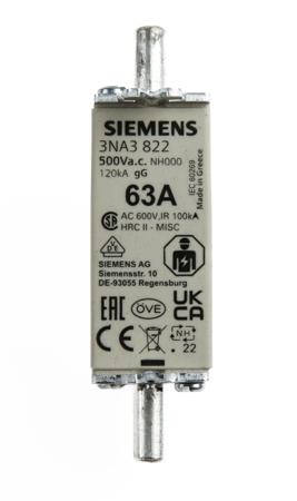 3NA3822 Siemens 63A 000 NH Centred Tag Fuse, gG, 500V ac