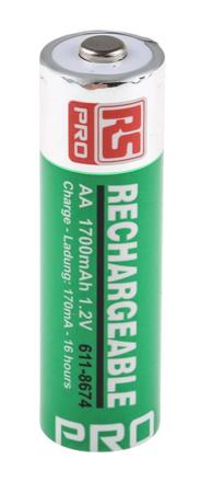 611-8674 RS PRO AA NiMH Rechargeable AA Batteries, 1.7Ah, 1.2V - Pack of 4