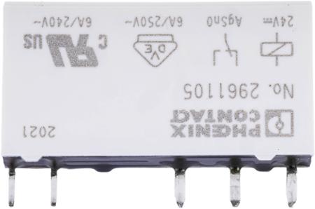 2961105 Phoenix Contact PCB Mount Power Relay, 24V dc Coil, 6A Switching Current, SPDT