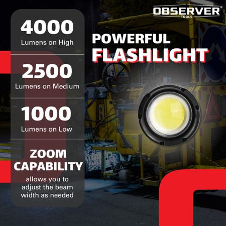 OBS-FL4 Observer Tools LED Tactical Torch Black - Rechargeable 4000 lm, 265 mm