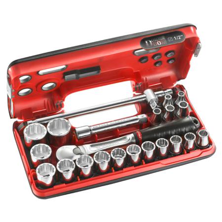 SL.DBOX412 Facom 22-Piece Metric 1/2 in Standard Socket Set with Ratchet, 12 point