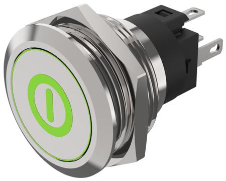 82-6151.2A34.B001 EAO 82 Series Illuminated Push Button Switch, Latching, Panel Mount, 22.3mm Cutout, SPDT, Green LED, 240V, IP65, IP67