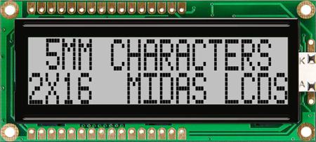 MC21605G6W-GPR-V2 Midas  MC21605G6W Alphanumeric LCD Display, Black on Grey, 2 Rows by 16 Characters, Reflective
