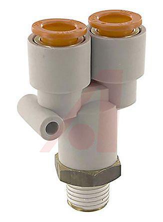 KQ2U05-34AS SMC PBT, PP Pneumatic Y Threaded-to-Tube Adapter, NPT 1/8 Male, Push In 3/16 in