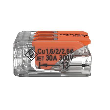 221-613 Wago 221 Terminal Block Connector, 3 Way/Pole, Cage Clamp Terminals, 0.5 → 6 mm², 20 → 10 AWG Cable Mount