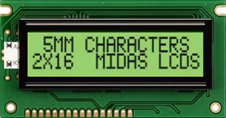 MC21605AB6W-GPTLY-V2 Midas  MC21605AB6W Alphanumeric LCD Display, Black on Yellow/Green, 2 Rows by 16 Characters,