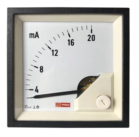 186-2489 RS PRO Analogue Panel Ammeter 20 (Input)mA DC, 68mm x 68mm, 1 % Moving Coil