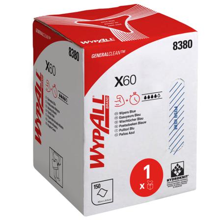8380 WYPALL X60 General Clean Cloths  Blue Cloths for Medium Duty Cleaning, Dry Use, Roll of 150, 423 x 247mm, Repeat Use