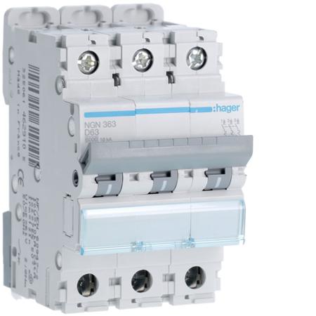 NGN363 Hager Hager NGN Circuit Breaker, 3P, 63A Curve D, 400V AC, 10 kA Breaking Capacity