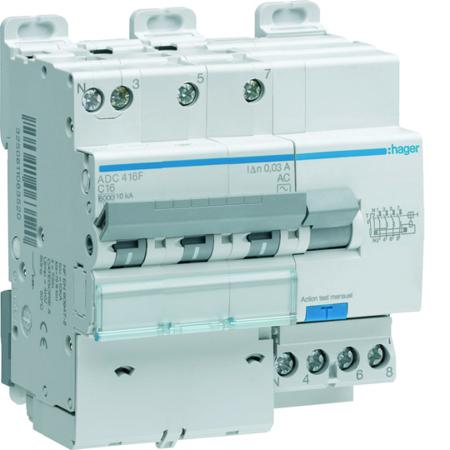 ADC416F Hager RCBO, 16A Current Rating, 3P+N Poles, 30mA Trip Sensitivity, Type AC