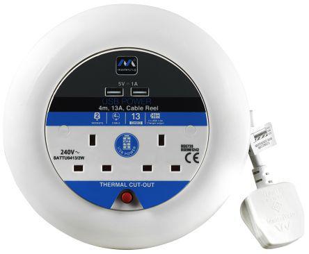 889-2507 4m Extension Reel Type G - British, USB,2+2 Socket ,Unwound Current Rating 13A,230 V ac,White