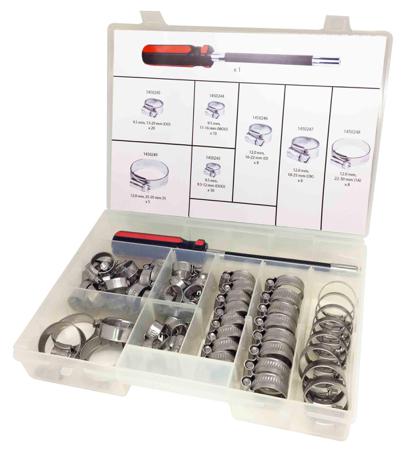 175-7152 RS PRO 70 Piece Mild Steel Worm Drive Hose Clip Kit, 9.5 → 12mm and 25 → 35mm Inside Diameter