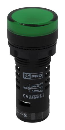 909-2500 RS Pro Green LED Pilot Light Complete With Test Circuit, 22mm Cutout, IP65, Round, 230 V ac, 20 mA