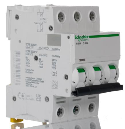 A9F54363 Schneider Electric Acti 9 iC60H MCB Mini Circuit Breaker 3P, 63 A, 10 KA, Curve C