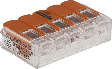 221-415 WAGO 221 Series Lever Connector, 5-Way, 32A, 24 → 12 AWG Wire, Cage Clamp Termination