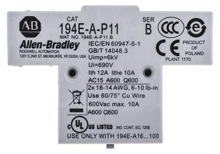 194E-A-P11 Allen Bradley Auxiliary Contact, 2 Contact, 1NC + 1NO, Side Mount 194
