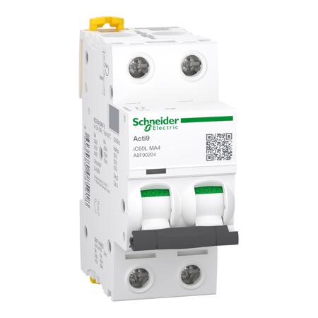 A9F90204 Schneider Electric Acti9 Acti9 Moteur MCB, 2P, 4A, Type MA, 500V AC, 440 V Breaking Capacity
